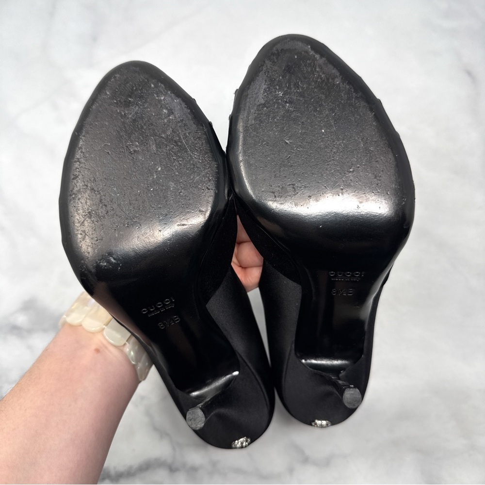 GUCCI Vintage Y2K Silk Satin GG Crystal Embellished Stiletto Heel Pumps Black - Picture 12 of 16
